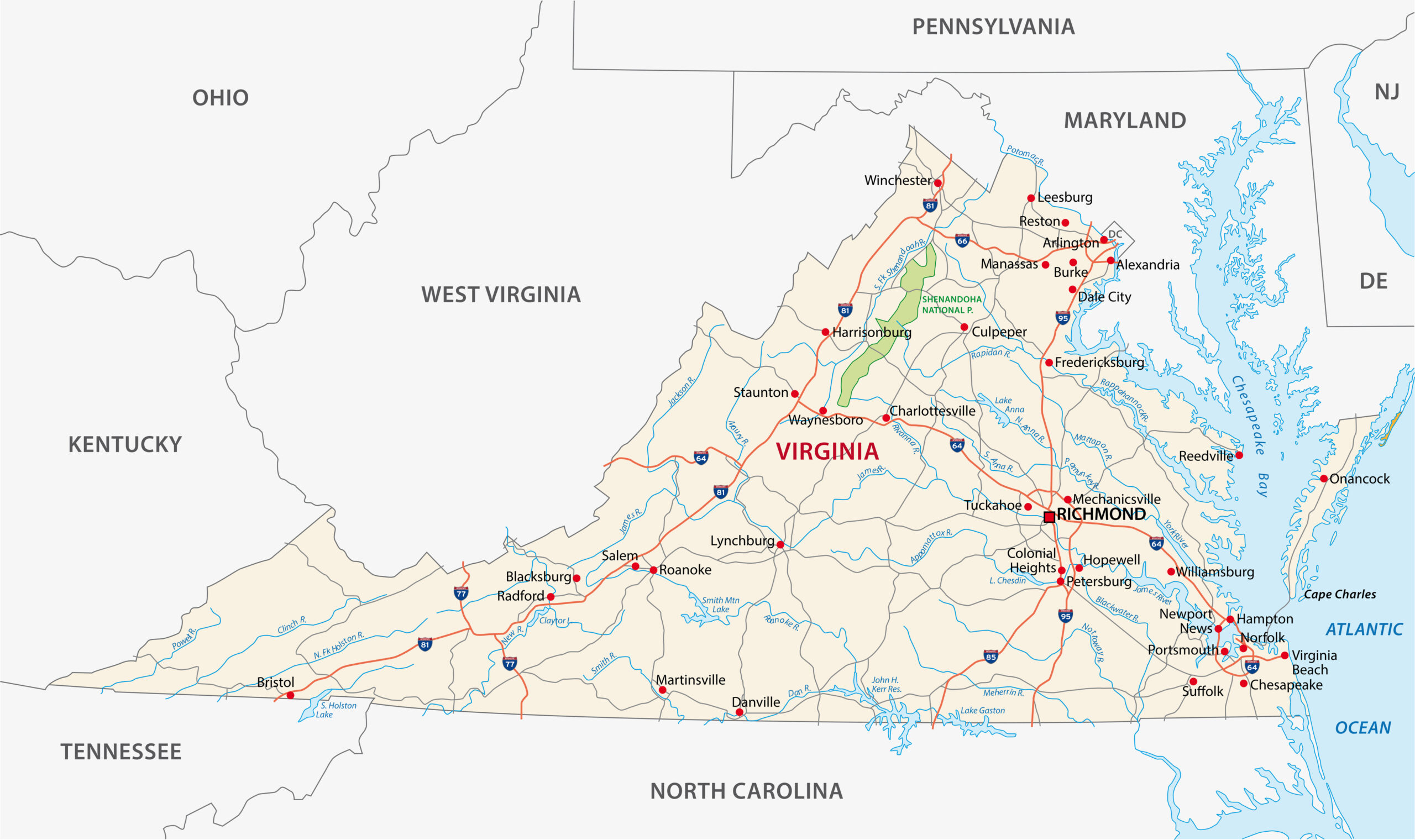 The map depicts major Virginia cities where ReneeMaurice Buys Houses fast. Do you need to sell your house fast in Richmond, VA? Perhaps you need to sell your house fast in Alexandria, VA. Some homeowners need to sell their house fast in Woodbridge, VA. Or, if needed, sell your house fast in Manassas, VA.